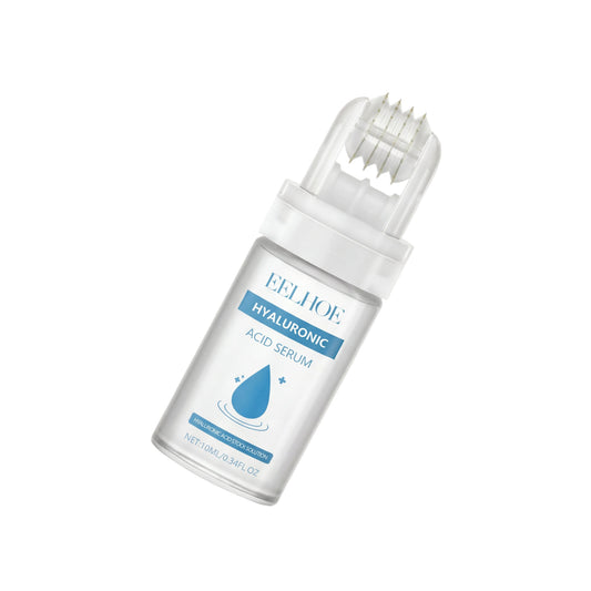 Hyaluronic acid serum bottle with blue label on a beige background